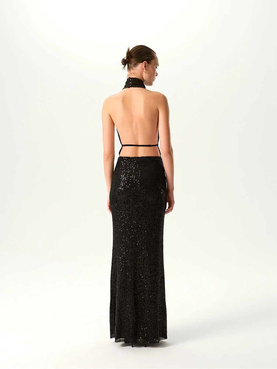AMANDA V-NECK SEQUIN BLACK MIDI DRESS
