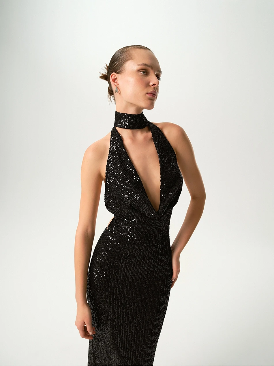 AMANDA V-NECK SEQUIN BLACK MIDI DRESS