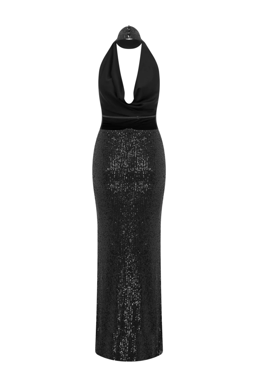 AMANDA V-NECK SEQUIN BLACK MIDI DRESS
