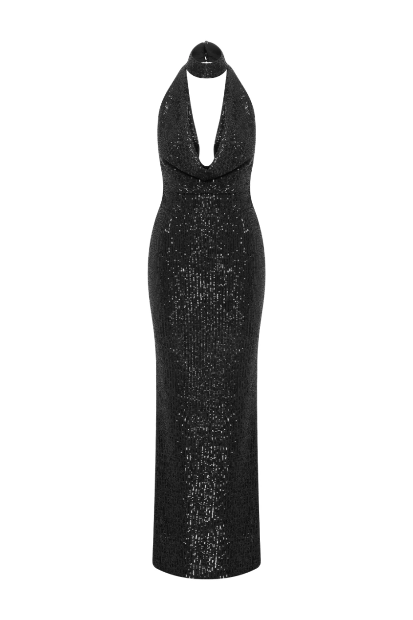 AMANDA V-NECK SEQUIN BLACK MIDI DRESS