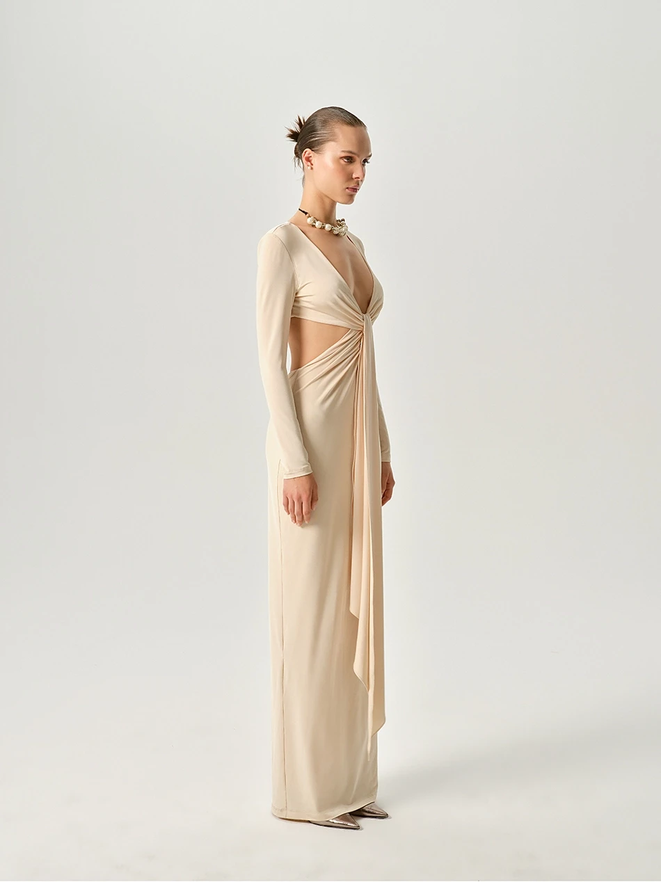 CARRIE BEIGE MIDI DRESS WITH CUT-OUT DETAIL