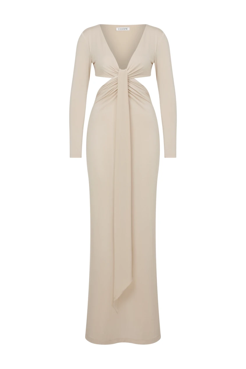 CARRIE BEIGE MIDI DRESS WITH CUT-OUT DETAIL