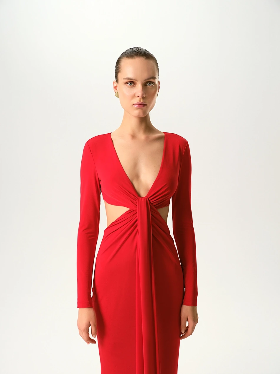 CARRIE KESİK DETAYLI KIRMIZI MİDİ ELBİSE