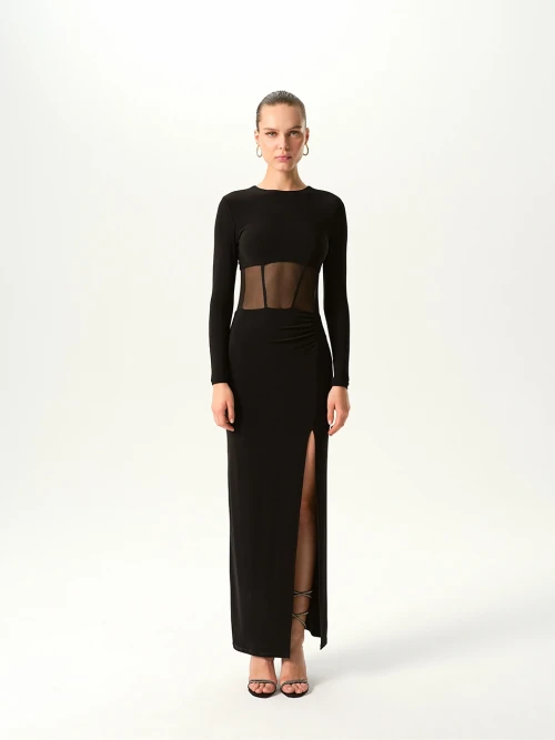MONIQUE TULLE DETAIL MIDI BLACK DRESS